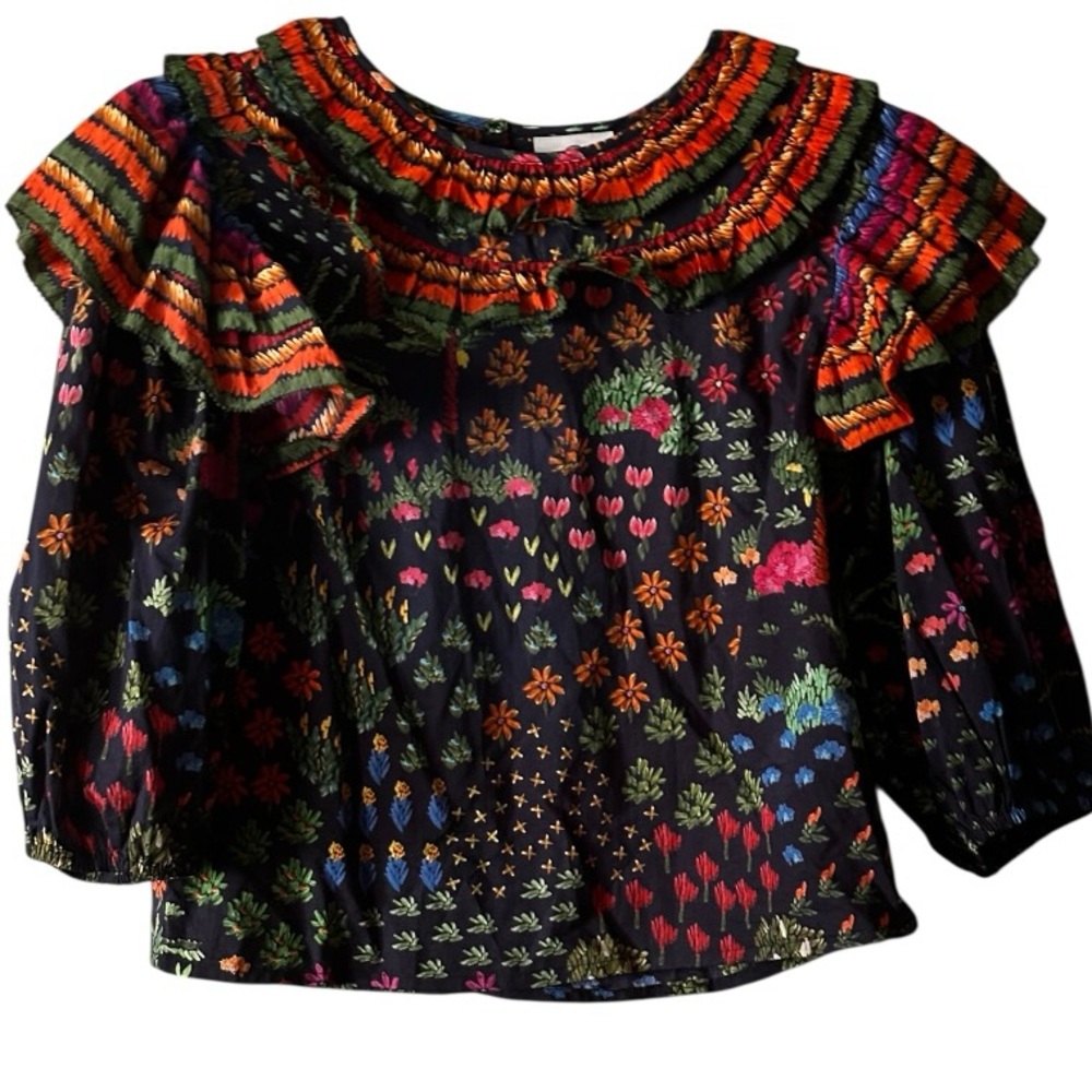 FARM Rio Black Floral Smocked Ruffle Peasant Blouse